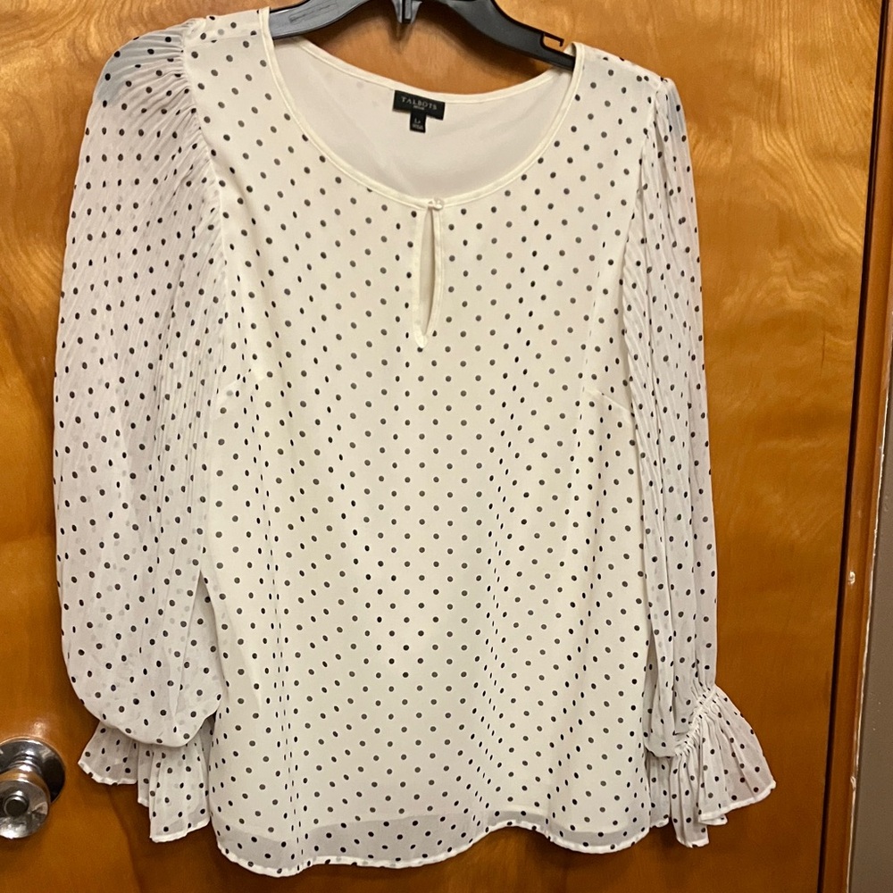TALBOTS. Size Large Petite. White with Black Polka Dot Blouse. Lined. EUC